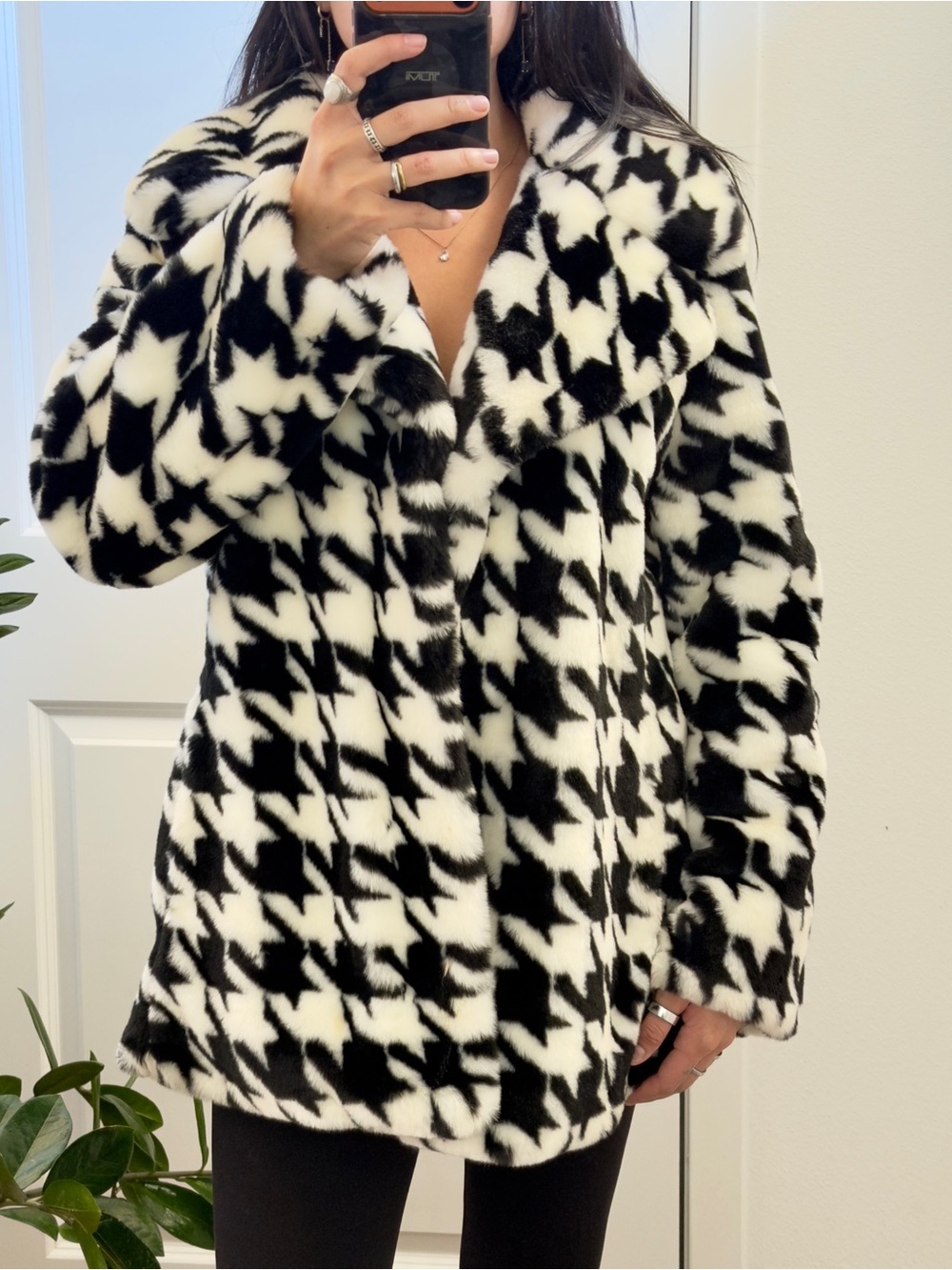 Anthropologie Avec Les Filles Faux Fur Star Houndstooth Oversized Coat S